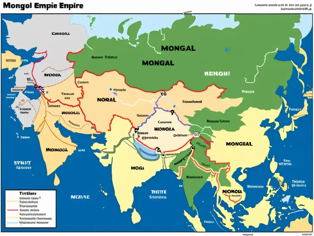 Mapa detallado del Imperio Mongol con tributos y su impacto en la economía regional