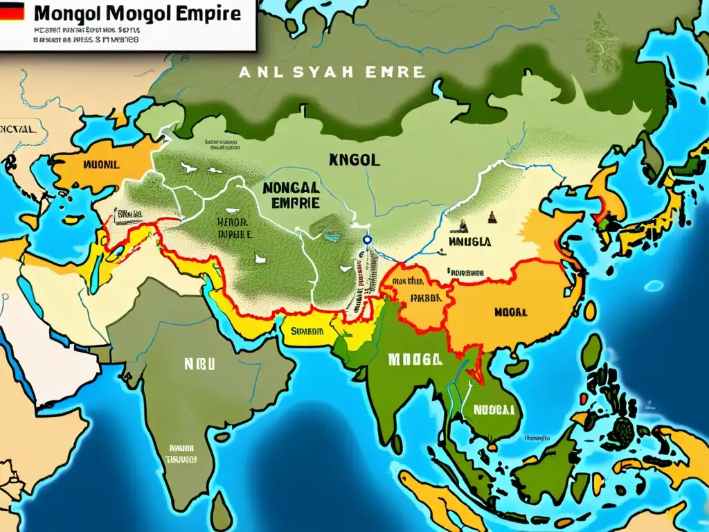 Mapa detallado del Imperio Mongol en su apogeo, destacando los tributos del Imperio Mongol y su impacto económico