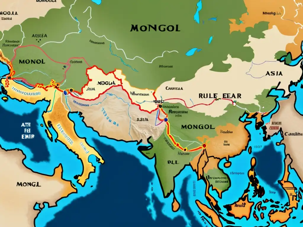 Mapa detallado del Imperio Mongol en su apogeo, destacando su vasto territorio y legado cultural en Asia, Europa y Medio Oriente