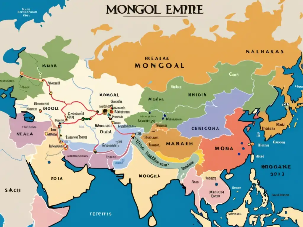 Mapa detallado del Imperio Mongol en su apogeo, con colores que indican regiones