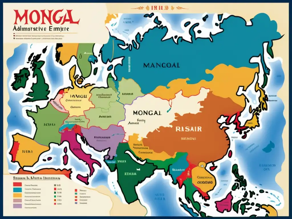 Mapa detallado de la influencia administrativa del Imperio Mongol en Asia y Europa, con colores vibrantes y precisión histórica