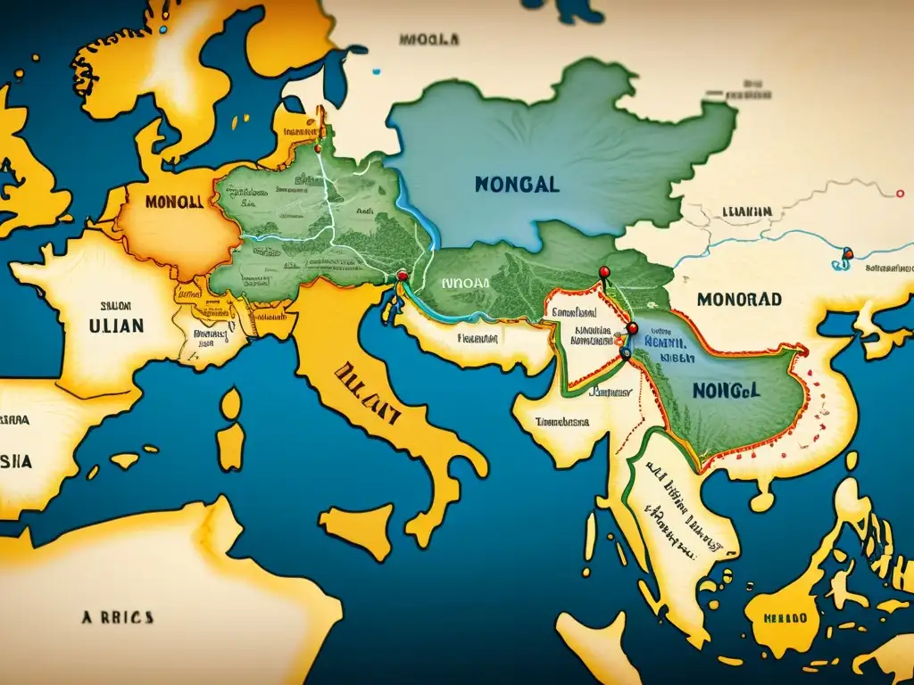 Mapa detallado de la influencia mongola en cartografía, ilustrando la red de la Ruta de la Seda y la interconexión de Asia, Europa y África