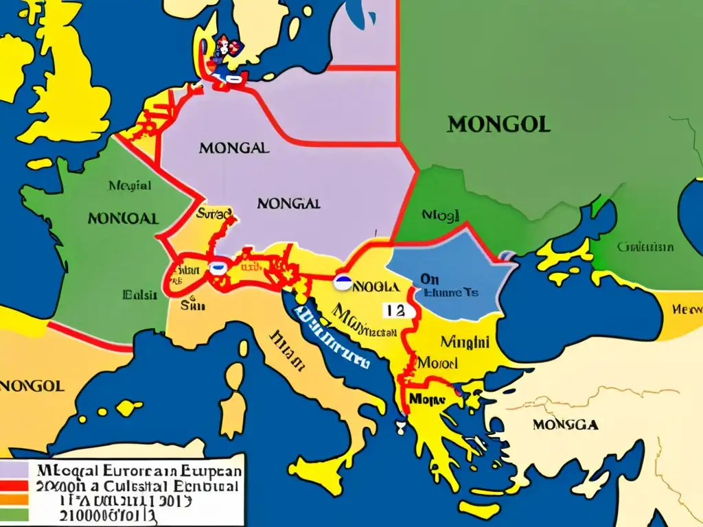 Mapa detallado de Europa medieval con influencia mongola, resaltando rutas comerciales y intercambios culturales