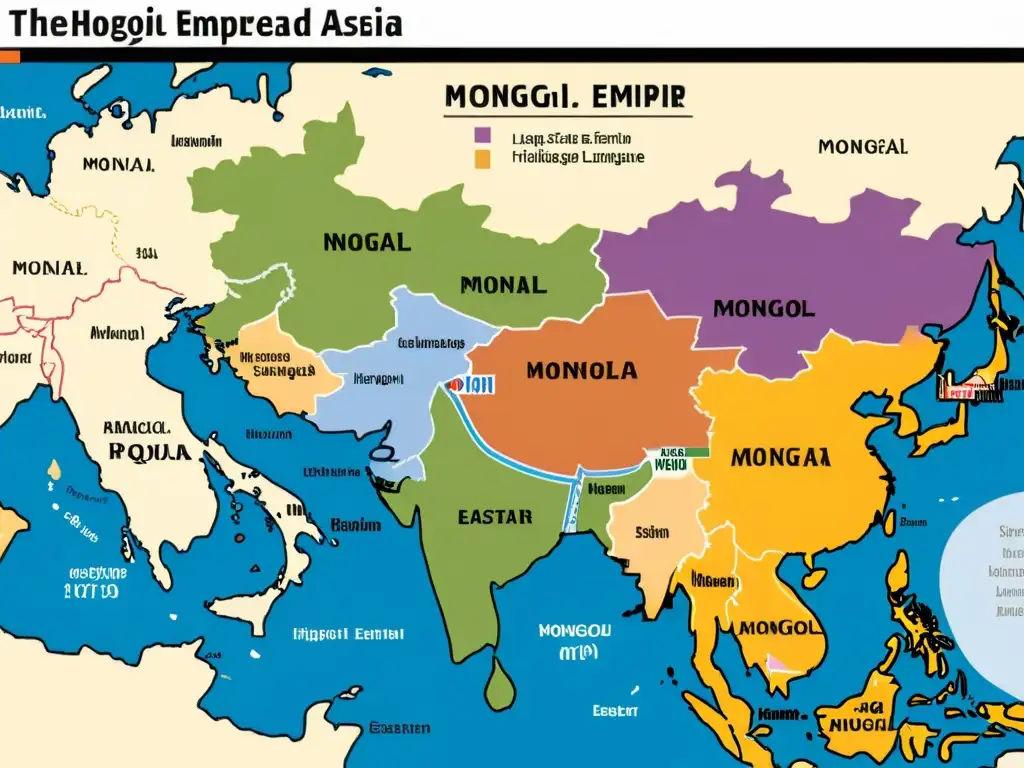 Mapa detallado de las influencias lingüísticas del Imperio Mongol en Asia y Europa del Este, con colores vibrantes y etiquetas informativas