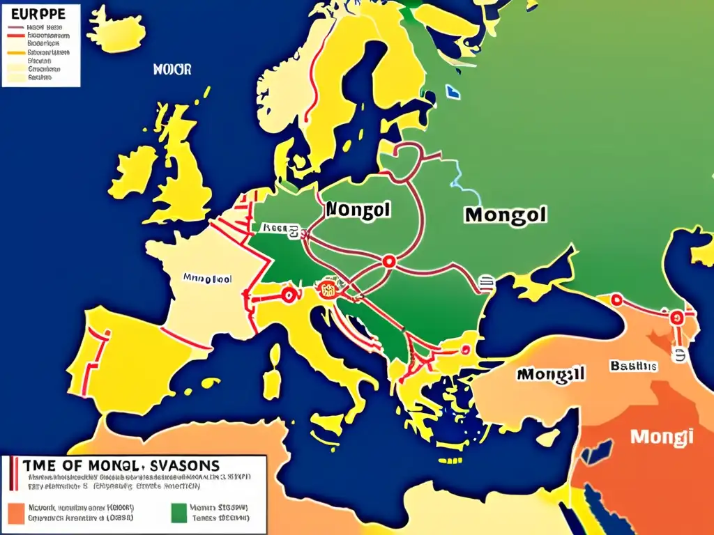 Mapa detallado de Europa durante las invasiones mongoles, con flechas y símbolos que indican las rutas de las tropas y batallas