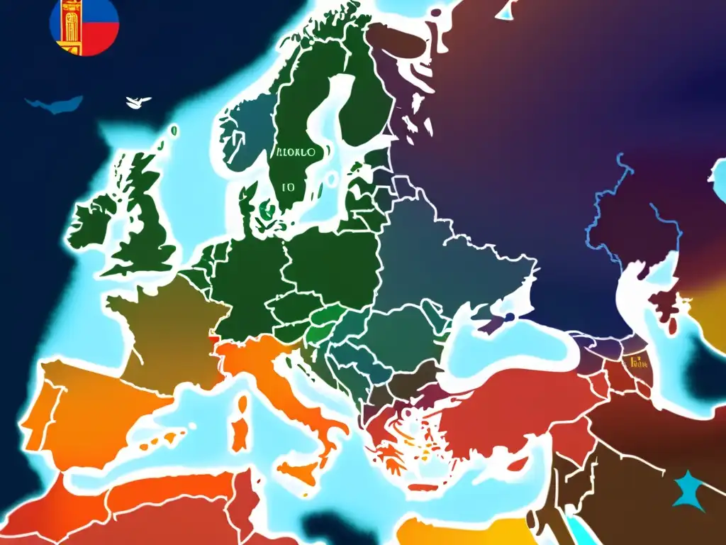 Mapa detallado de Europa durante las invasiones mongoles, mostrando el impacto demográfico con patrones de densidad de población y rutas de migración en colores vibrantes