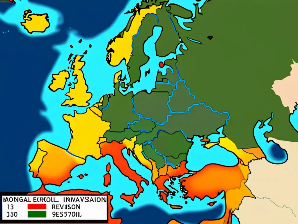 Mapa detallado de Europa durante invasiones mongoles, resalta geografía, clima y puntos clave de defensa