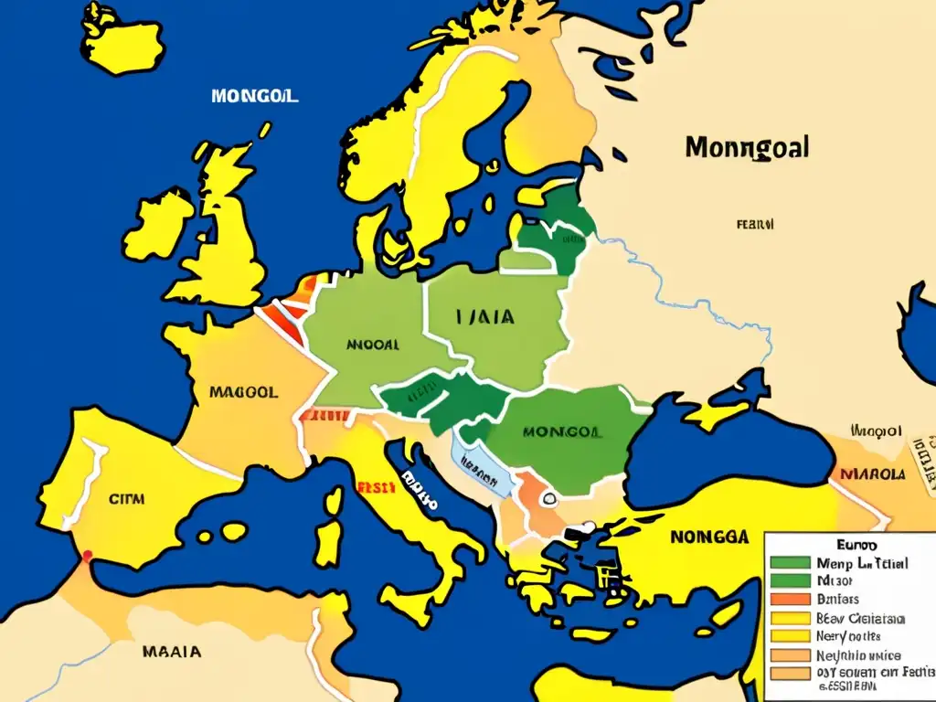 Mapa detallado de Europa durante invasiones mongoles, con batallas, ciudades y terreno