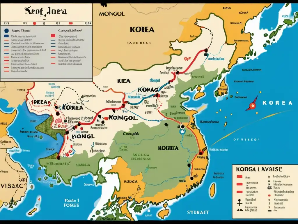 Mapa detallado de las invasiones mongoles en Corea, con ilustraciones intrincadas y anotaciones que ofrecen un análisis profundo