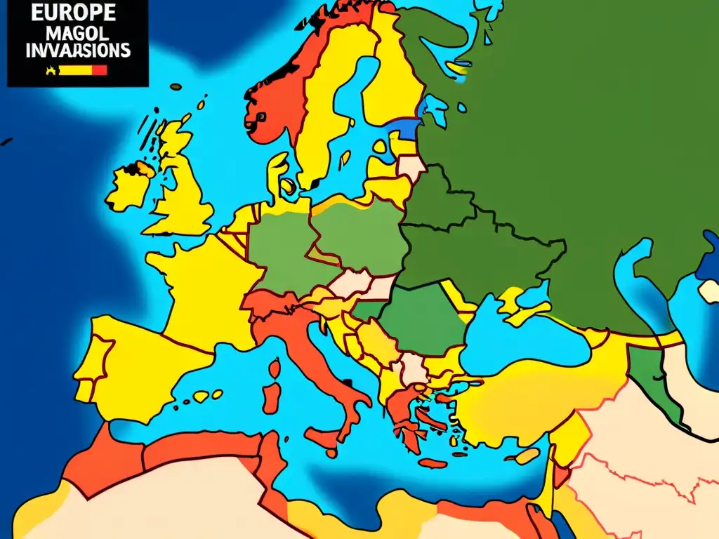 Mapa detallado de Europa durante las invasiones mongoles, mostrando movimientos de ejércitos, batallas y el impacto demográfico