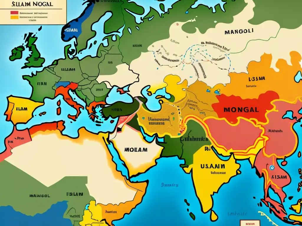 Mapa detallado de la conversión al Islam en la Mongolía, representando la cultura, sociedad y religión con colores vibrantes y detalles intrincados