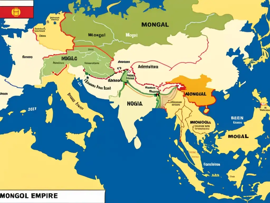 Mapa detallado de la expansión mongola y legado cultural, mostrando el extenso imperio con sus ciudades, rutas comerciales y regiones influenciadas