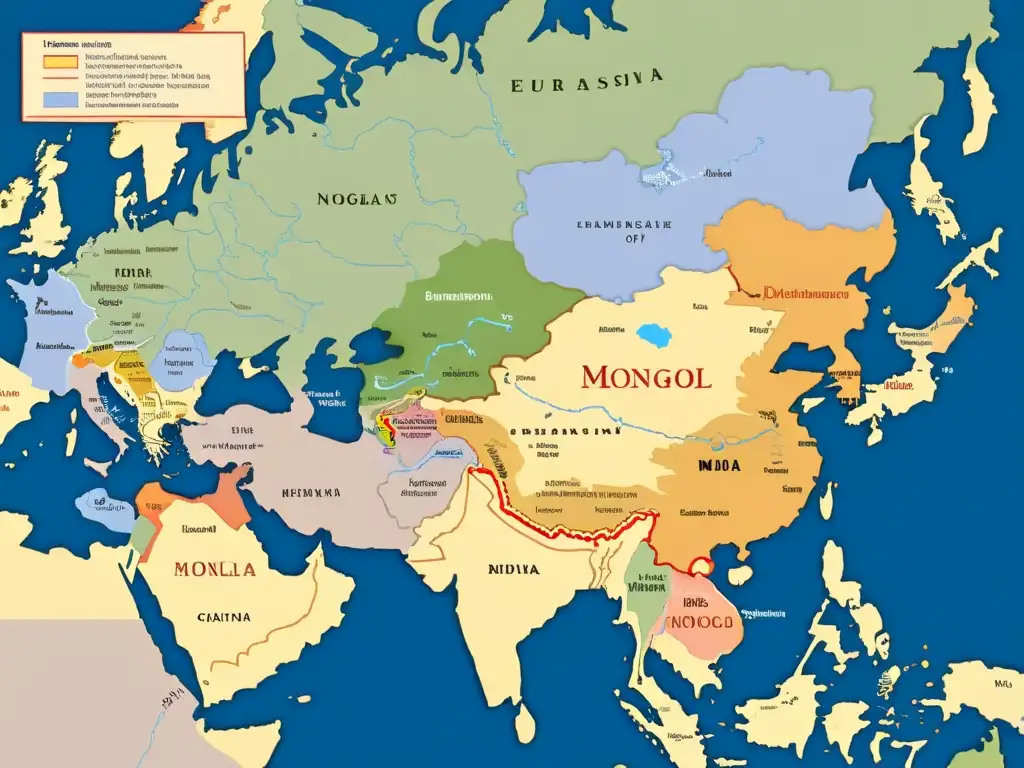 Mapa detallado del legado lingüístico del Imperio Mongol, con fronteras, ciudades y rutas comerciales en múltiples idiomas