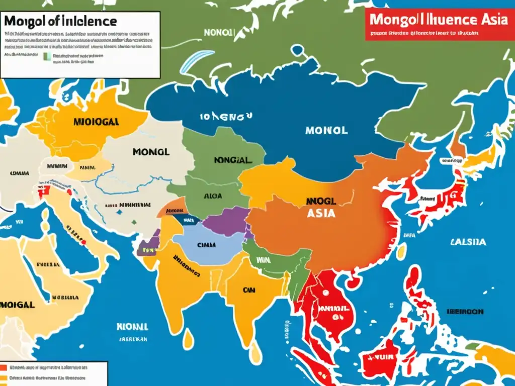 Mapa detallado del legado lingüístico del Imperio Mongol en Asia, con colores que muestran la influencia en idiomas modernos