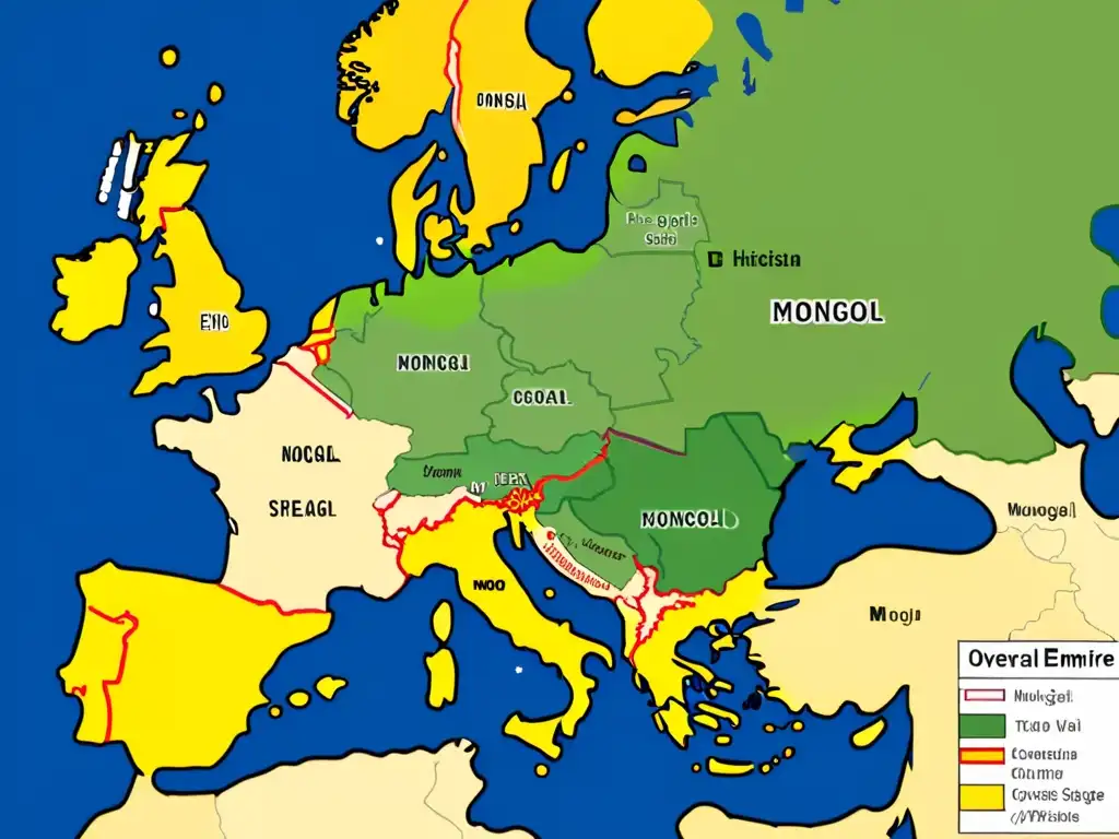 Mapa detallado de Europa con marcadores históricos del Imperio Mongol, mostrando vasallaje y tributos en Europa