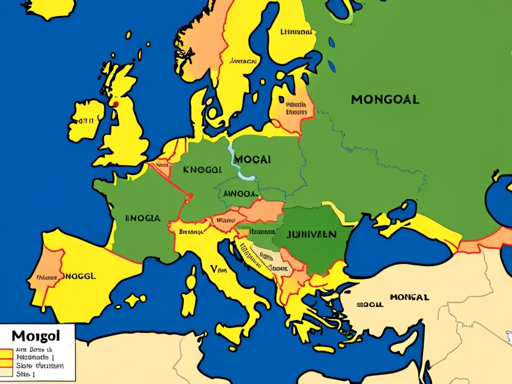 Mapa detallado de Europa durante la invasión mongol, mostrando territorios, movimientos de tropas y sitios de batalla