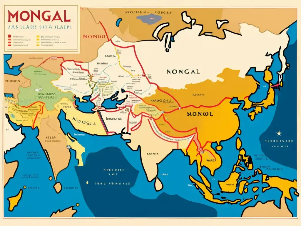 Mapa detallado del mundo antiguo que muestra la exploración y legado del Imperio Mongol en el mapeo