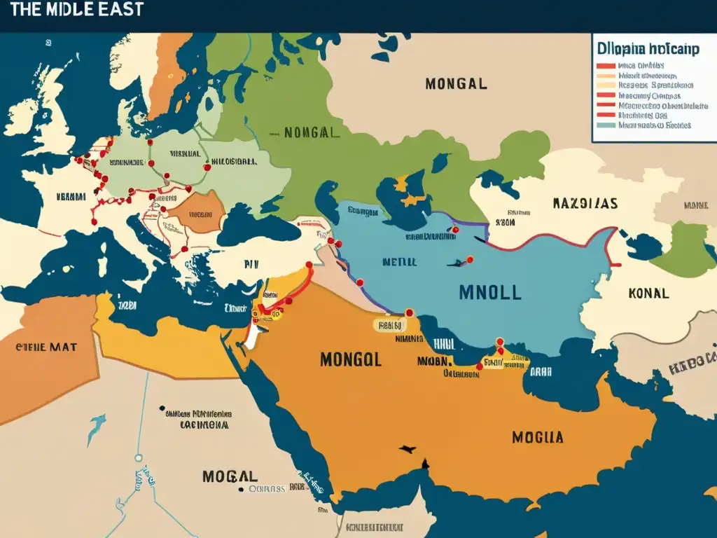 Mapa detallado del Medio Oriente en la cúspide del imperio Mongol, con rutas comerciales, ciudades y puntos diplomáticos clave