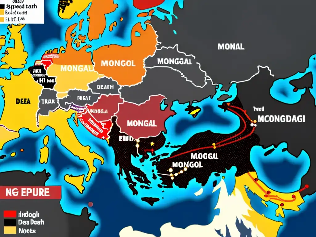 Mapa detallado ilustrando la propagación de la Peste Negra y su impacto en el Imperio Mongol