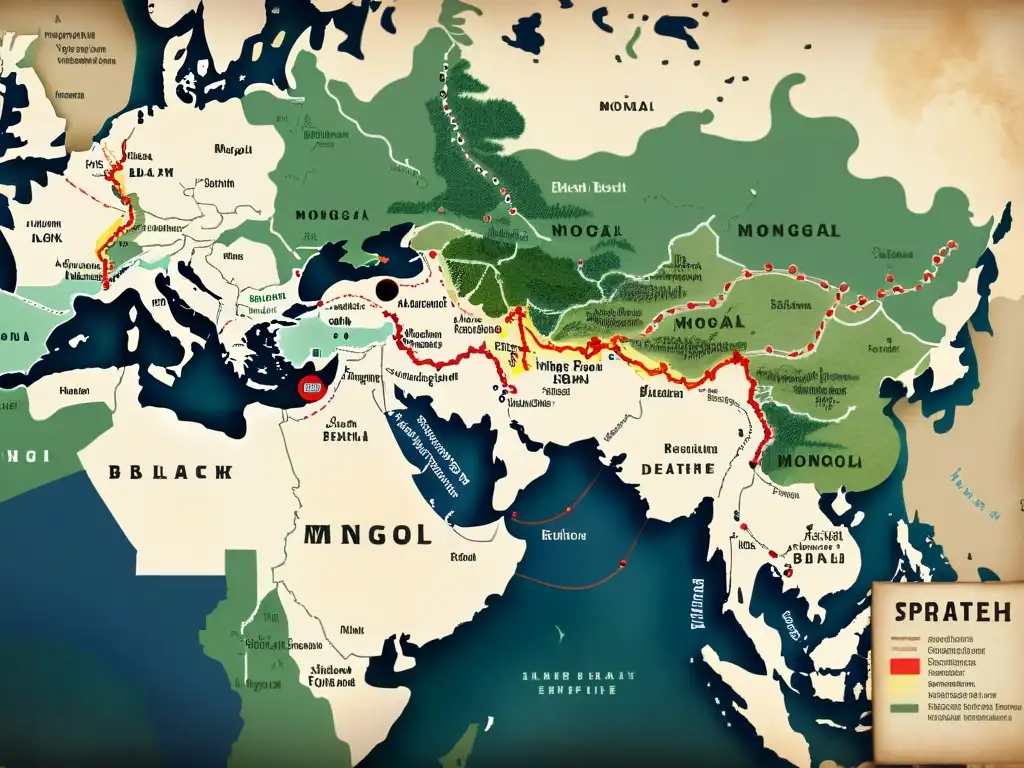 Mapa detallado de la propagación de la Peste Negra en el Imperio Mongol, envejecido con anotaciones históricas