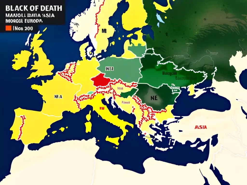 Mapa detallado de la expansión de la Peste Negra y la caída del Imperio Mongol, con colores vibrantes y áreas afectadas claramente demarcadas