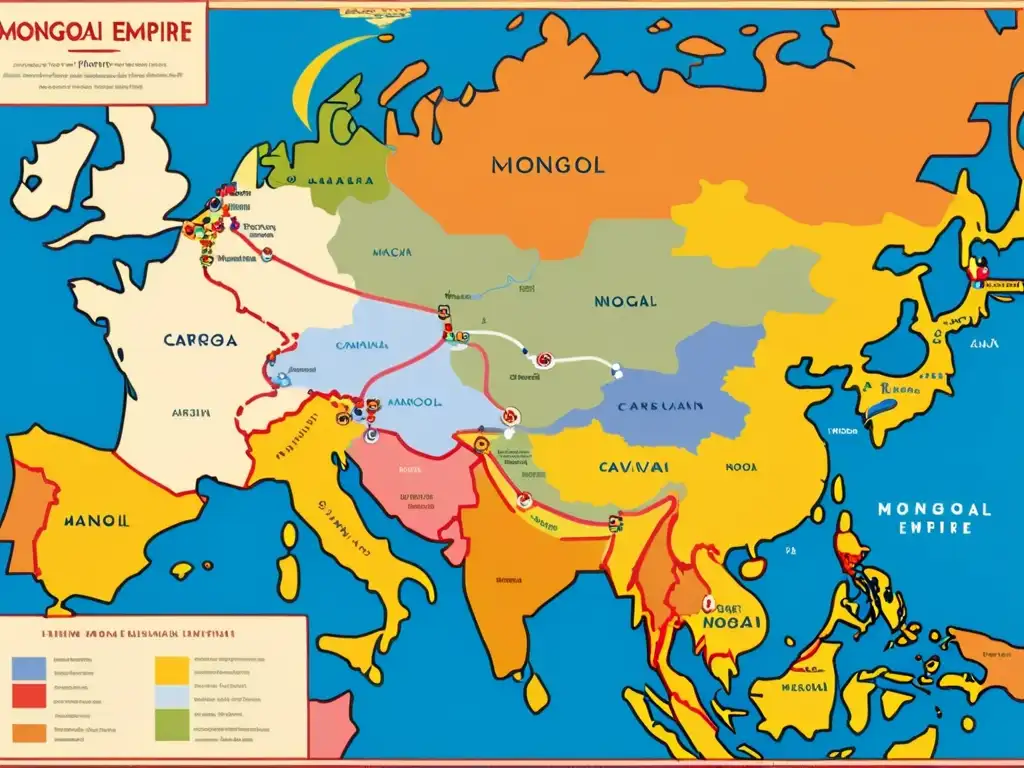 Mapa detallado del poder mongol: rutas comerciales históricas, ilustrando la red de intercambio cultural y comercial en Asia y Europa