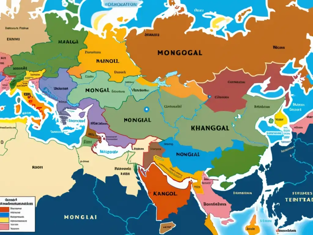 Mapa detallado de la organización política del Imperio Mongol, con khanatos y territorios coloreados, ciudades clave y rutas comerciales