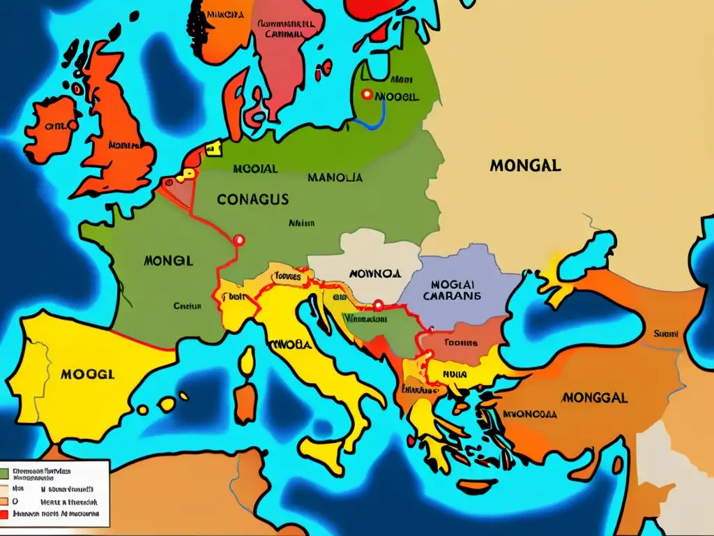 Mapa detallado en 8k de las principales campañas mongolas en Europa, mostrando rutas, batallas y territorios conquistados