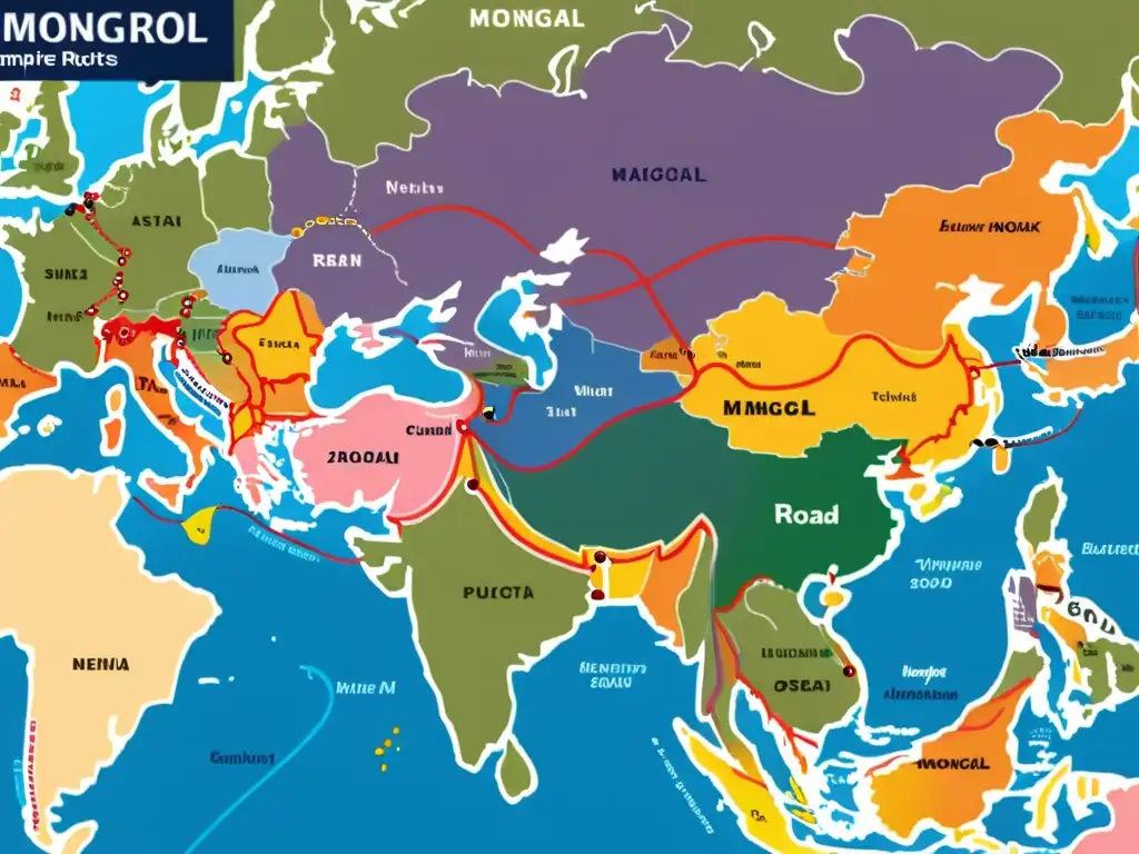 Mapa detallado de las principales rutas comerciales del Imperio Mongol, conectando Asia, Europa y Medio Oriente