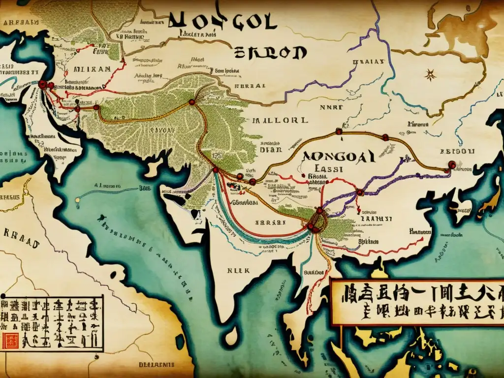 Mapa detallado de la Ruta de la Seda del Imperio Mongol, revelando las relaciones comerciales mongol-tibetanas en la antigua red de rutas comerciales