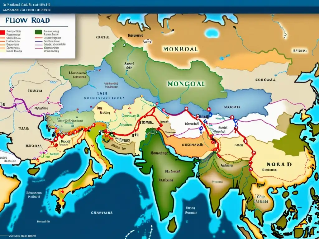 Mapa detallado de la Ruta de la Seda durante el Imperio Mongol, resaltando las rutas comerciales y ciudades