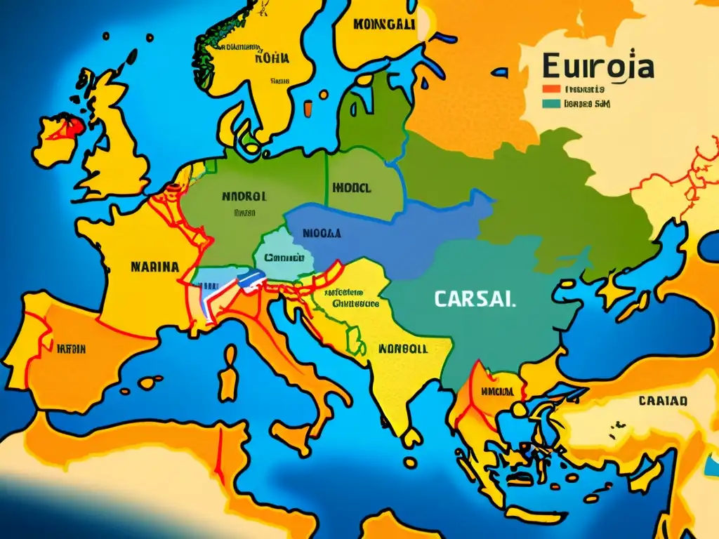 Mapa detallado de Eurasia resaltando rutas comerciales y culturales entre el Imperio Mongol y Europa en los siglos XIII y XIV