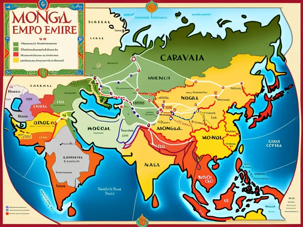 Mapa detallado de rutas comerciales del Imperio Mongol, mostrando la red interconectada de caminos y el intercambio global de bienes