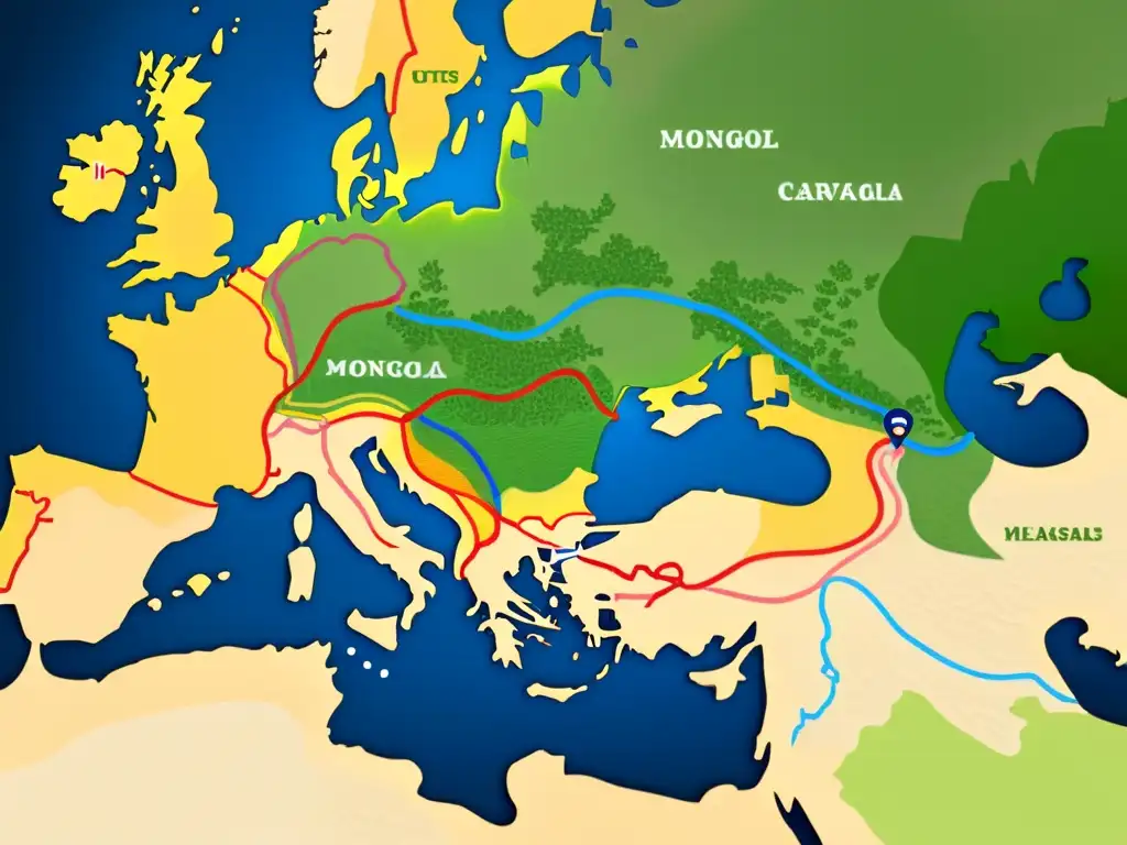 Mapa detallado de rutas comerciales entre el Imperio Mongol y Europa, resaltando ciudades y paisajes