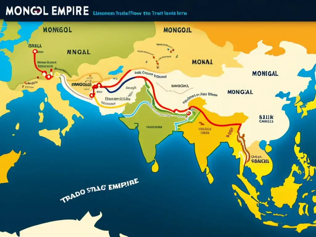 Mapa detallado de las rutas comerciales del Imperio Mongol Khanes, destacando ciudades clave y flujo de bienes