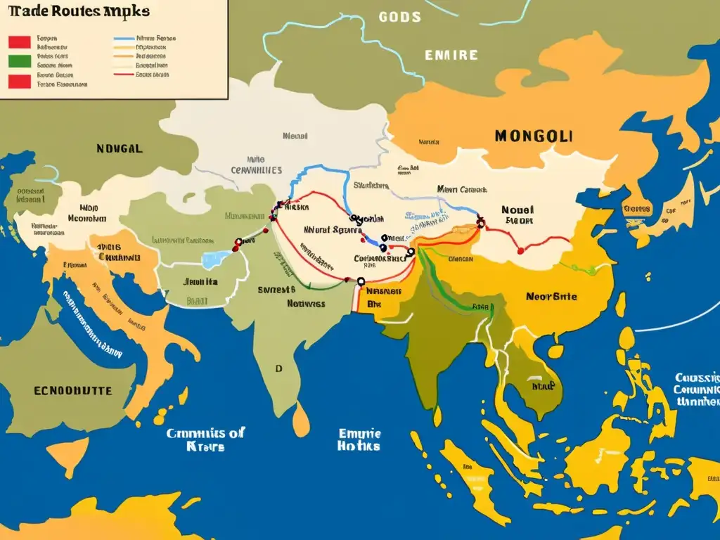 Mapa detallado de las rutas comerciales y redes económicas del Imperio Mongol, mostrando el flujo de bienes y monedas