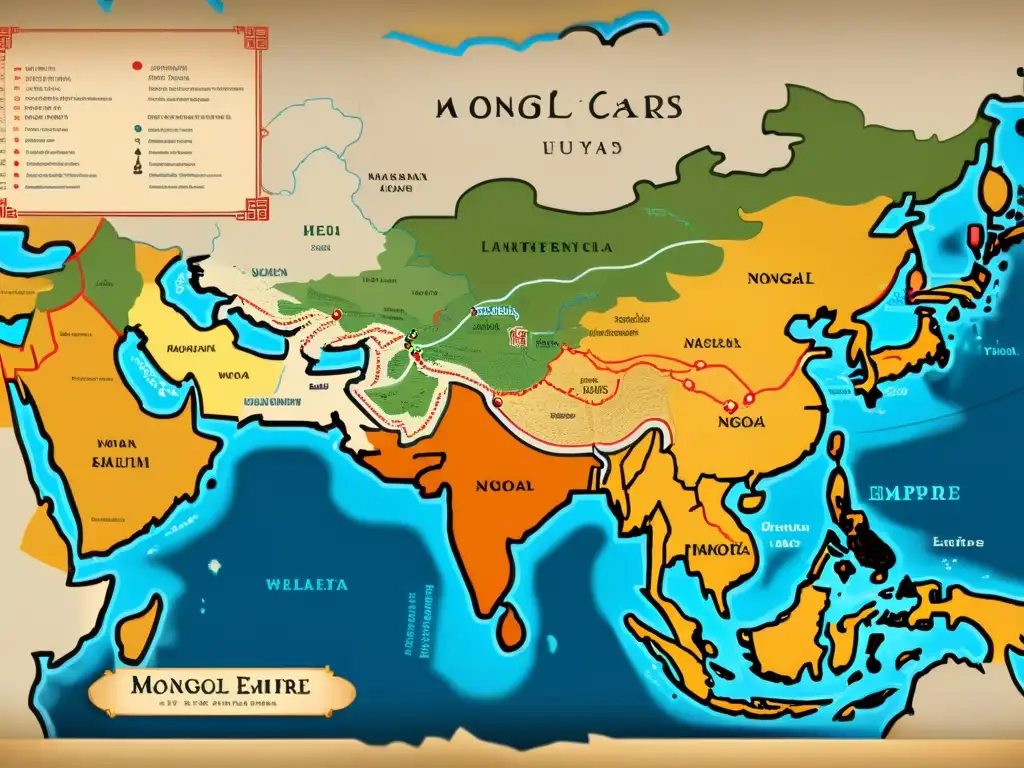 Mapa detallado de las rutas comerciales mongolas, mostrando la expansión y el impacto cultural y económico en la historia