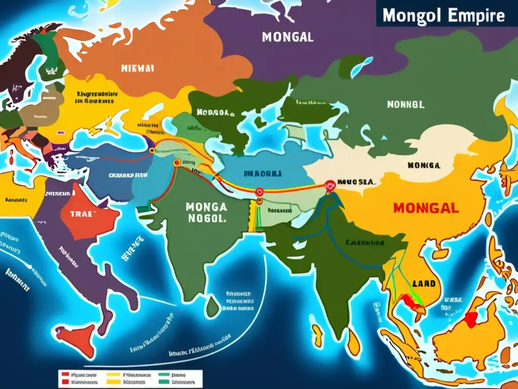 Mapa detallado de las rutas comerciales del Imperio Mongol, con colores vibrantes y mercaderes viajando con caravanas de bienes