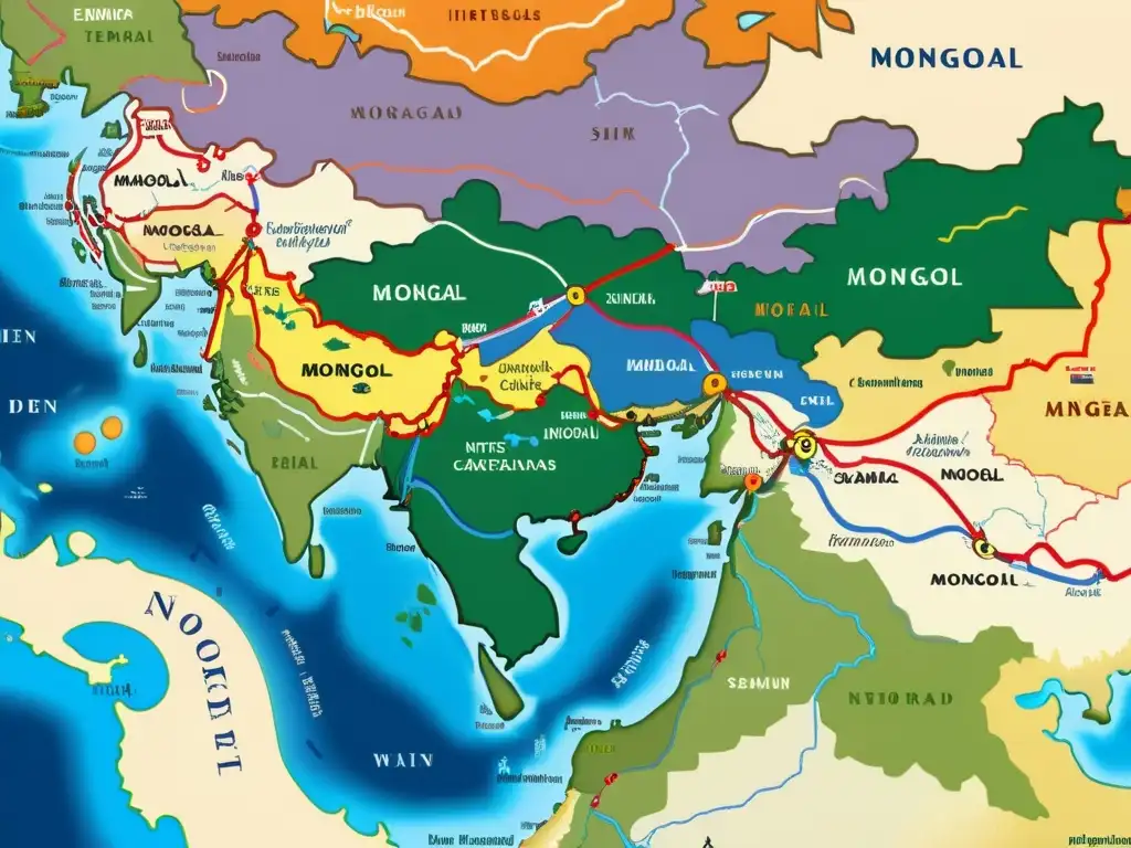 Mapa detallado de las rutas comerciales del Imperio Mongol, destacando innovaciones comerciales del Imperio Mongol y su impacto en el comercio global