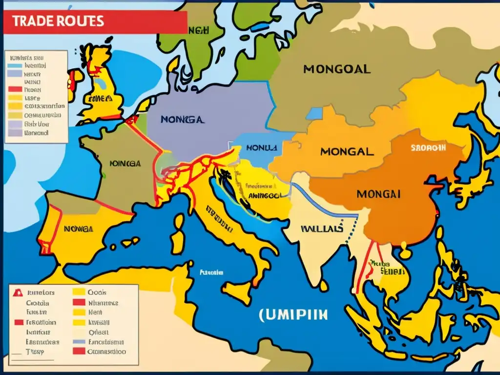 Mapa detallado de las rutas comerciales del Imperio Mongol, mostrando la influencia mongola en Europa medieval con colores vibrantes y anotaciones