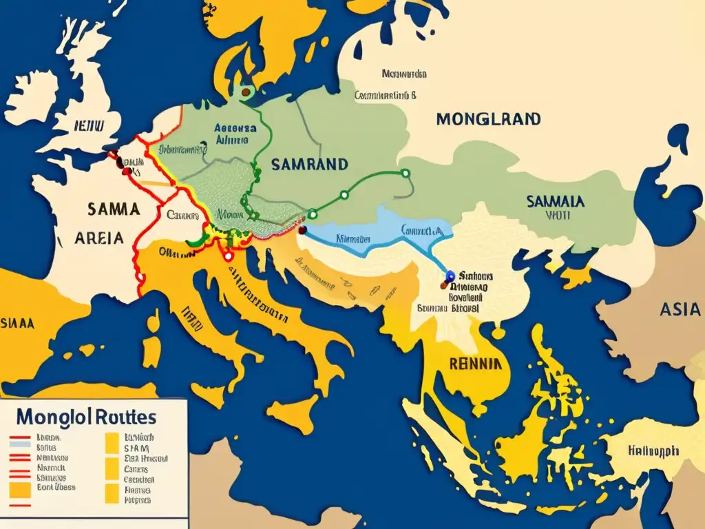 Mapa detallado de las rutas comerciales mongolas, destacando ciudades clave en la red y la influencia mongola en comercio asiático