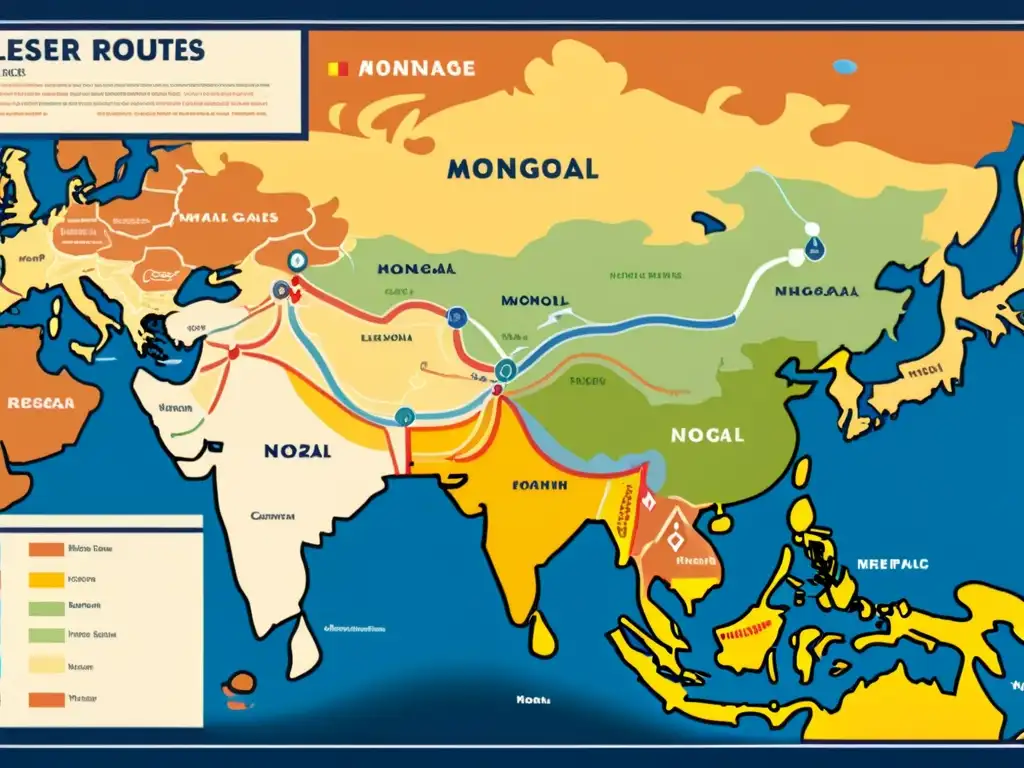 Mapa detallado de las rutas comerciales del poder mongol, con colores vibrantes y escenas de mercados bulliciosos y caravanas de comerciantes