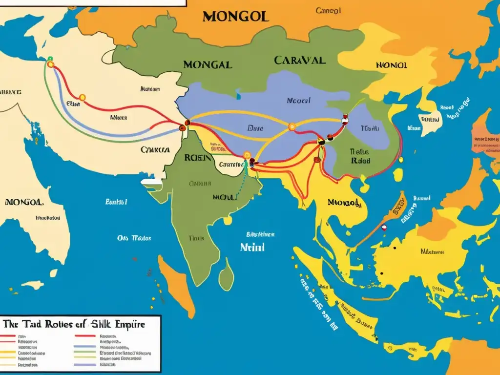 Mapa detallado de rutas comerciales del Imperio Mongol, con ilustraciones vibrantes y legado económico del Imperio Mongol