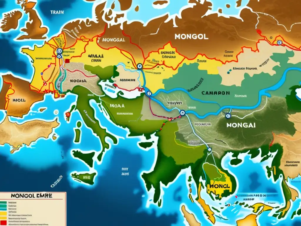 Mapa detallado de las rutas comerciales menores del Imperio mongol, destacando tecnologías e intercambios comerciales