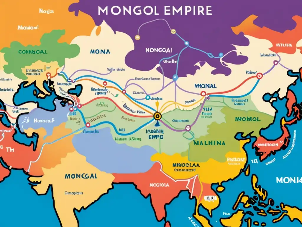 Mapa detallado de las rutas comerciales menores del Imperio Mongol, con colores vibrantes y símbolos que representan el flujo de bienes y cultura