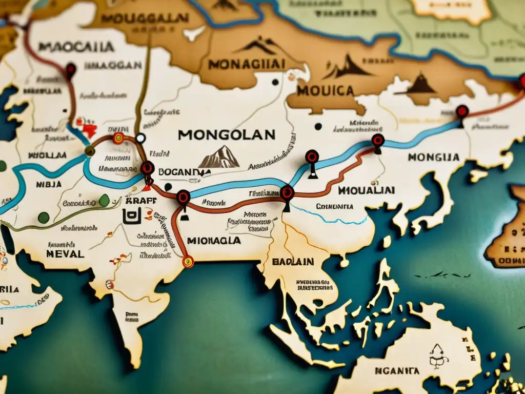 Mapa detallado de rutas comerciales mongolas en manuscritos antiguos, mostrando la complejidad de las redes comerciales y la historia cultural