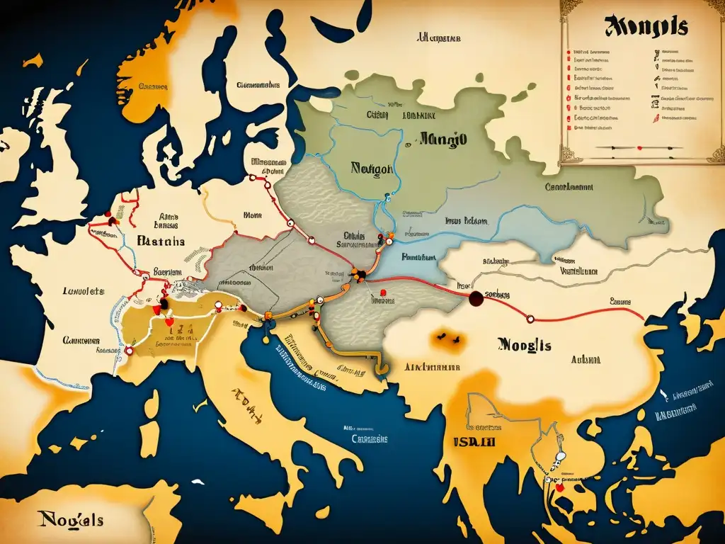 Mapa detallado de rutas de espionaje en conquistas mongolas, con ciudades, rutas comerciales y puestos estratégicos, evocando intriga histórica