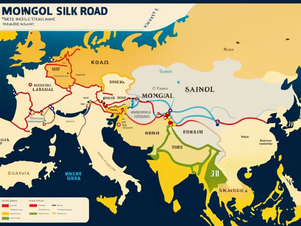 Mapa detallado con rutas históricas de la Ruta de la Seda del Imperio Mongol: historia, cultura, conquistas