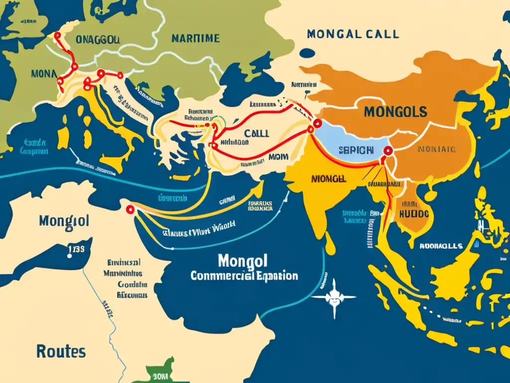 Mapa detallado de rutas marítimas de expansión comercial mongoles, con líneas e iconos que muestran sus extensas conexiones comerciales