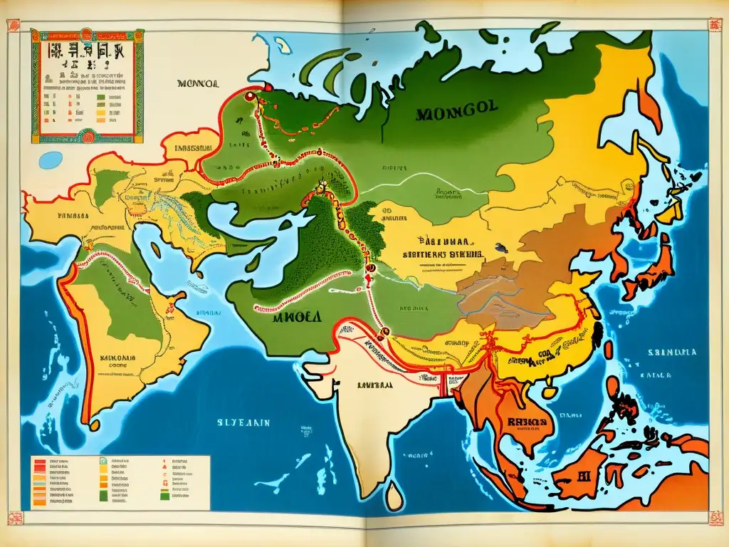 Mapa detallado del siglo XIII del Imperio Mongol y las rutas de migración de especies desplazadas, como el caballo mongol y el tigre siberiano